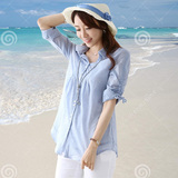 2016夏装衬衫女中袖中长款纯色韩版大码百搭宽松棉麻短袖休闲衬衣
