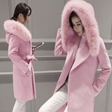 2015冬装韩版超大毛领呢子大衣修身加棉 中长款毛呢外套女