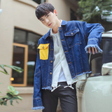 2016韩版潮牌牛仔外套 毛边长袖设计男士破洞牛仔衣夹克林弯弯潮