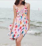 韩版波西米亚连衣裙短款雪纺海边度假沙滩裙蝴蝶碎花V领短裙