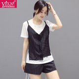 Yi－xn套装女2016夏季新款大码女装韩版修身黑白条纹三件套装短裤
