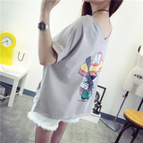 韩版卡通短袖T恤女夏季宽松娃娃衫韩国夏装女装前短后长上衣韩范