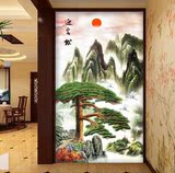 中式高清复古中国山水画玄关过道背景墙纸壁纸迎客松大型壁画特价