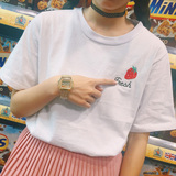 夏季新款韩国bf宽松简约字母草莓刺绣原宿风短袖白色t恤女学生潮