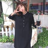 夏装新款韩版学院风黑色宽松POLO领衬衫裙 中长款七分袖连衣裙女