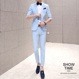 智野夜店发型师韩版修身型小西服七分袖男士英伦纯色结婚西装套装