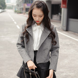 2015韩版毛呢新款灰色拼接粉色修身纯色常规短款长袖单件短外套女
