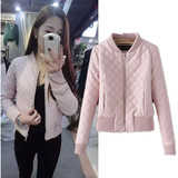 2015冬季新款韩版粉色女百搭修身格子夹棉加厚皮衣夹克短款外套