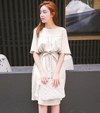 2016韩国代购Cherrykoko夏新款韩版系带中长裙圆领纯色中袖连衣裙