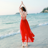 2016夏季新款开叉露背吊带雪纺连衣裙海边度假沙滩裙波西米亚长裙