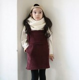 韩国代购直邮童装 酒红色百搭儿童条绒加绒背带连衣裙