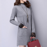 2016春季新款韩版半高领套头打底衫蕾丝中长款针织衫修身加厚毛衣