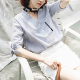 衬衣女中袖夏五分袖V领开衫宽松休闲韩版个性上衣竖条纹衬衫潮