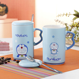 哆啦a梦创意水杯办公室情侣杯陶瓷马克杯可爱卡通咖啡杯子带盖勺