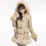 2015新款皮毛一体女外套中长款带帽羊羔毛皮草大衣真皮修身冬加厚