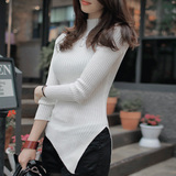2015韩国代购秋冬新款女装高领侧开叉不规则修身套头打底衫T恤女