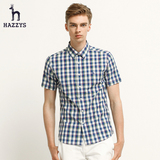 Hazzys哈吉斯男装2015夏新款格子短袖衬衫 英伦修身尖领格纹短衬