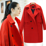 韩版2015冬季加厚毛呢外套羊毛羊绒中长款郭碧婷茧型红色呢大衣女