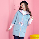 2015少女冬装韩版高中学生呢子大衣清新学院风中长款毛呢外套带帽