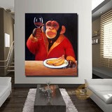 幽默油画搞笑装饰画餐厅挂画喝酒的大猩猩简约外框