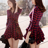 春夏季女版红格子衬衫裙短款 修身显瘦长袖韩版a型连衣裙学生秋潮