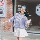 Cherrykoko2016新款韩版时尚V领宽松蝙蝠袖百搭格子衬衫女秋瑾
