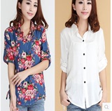 韩版春夏季棉绸衬衫印花上衣修身甜美女装学生长袖七分薄款大码