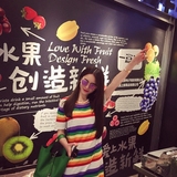 彩虹条纹连衣裙夏韩版学生冰丝针织短袖甜美宽松中长款彩色t恤女