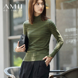 Amii高领毛衣女 长袖条纹修身显瘦2016秋冬新款 薄款棉质打底衫