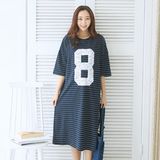 韩国孕妇装正品代购2016孕妇春夏中袖条纹连衣裙是运费印字母长裙