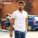 Simwood2016夏季新款休闲男士修身亚麻短袖衬衫男潮纯色衬衫男
