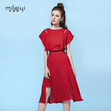 韩版无袖雪纺连衣裙女修身中长款2016夏季新款收腰显瘦红色长裙子