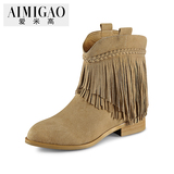 AIMIGAO爱米高2015秋冬热卖 低跟羊猄流苏靴粗跟短靴女