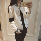 2016初春新品韩版黑白撞色休闲运动棒球衫长袖短外套上衣女款学生