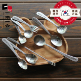 韩国进口儿童勺子筷子叉子可爱饭勺扁筷宝宝餐具18-10不锈钢笑脸