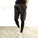 促销 韩版PU皮短裤两件套 休闲裤潮男必备夏季宽松黑色五分裤常规