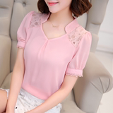 新款韩版潮大码短袖t恤女夏季女士雪纺衫半袖修身蕾丝打底衫上衣