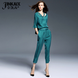 JINKAIX2016夏季新款时尚套装铜氨丝圆领T恤休闲两件套真丝套装女