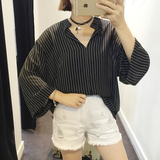 韩版2016夏季女装新款宽松显瘦竖条纹V领雪纺衫七分喇叭袖衬衣服