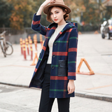 2016新款修身显瘦格子直筒口袋女韩版时尚潮流连帽中长款呢子大衣