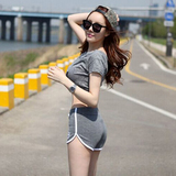 2016春夏季韩版短袖露脐上衣热裤套装 显瘦大码休闲运动两件套女