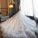 2016新款婚纱礼服夏季一字肩花朵新娘韩式孕妇性感露背齐地长拖尾