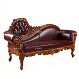 欧式古典真皮贵妃椅卧室躺椅 简约实木雕花真皮美人榻 美式贵妃榻