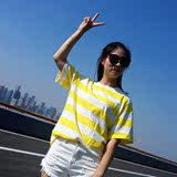 夏季女装新款韩版学生宽松黄色条纹T恤女短袖圆领中长款打底衫女