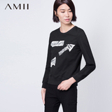 Amii卫衣套头女 宽松长袖2015春秋棉质印画韩版个性潮上衣打底衫