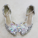 尖头新款银色水晶鞋新娘婚礼纱凉鞋水钻宴会爆女中细跟性感灰姑娘