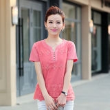 阿吖中年女士夏装新品韩版大码修身纯棉短袖女T恤蕾丝半袖上衣