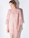 ASOS同款2016秋季新款定制粉色蕾丝公主裙镂空七分袖甜美连衣裙