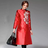 冬大码女装 超长款红色长袖风衣外套 中国风刺绣大衣长款夹棉加厚