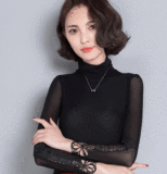 2016春季新款韩版女装弹力修身蕾丝镂空长袖T恤上衣纱网打底衫